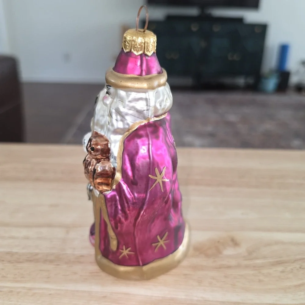 Blown Glass Confucius Santa Ornament: Purple and Gold Wizard Holiday Tree
